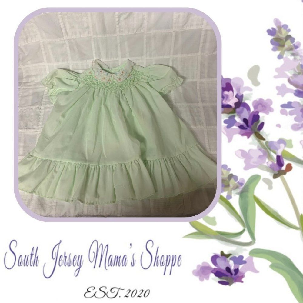 Vintage 1980s Polly Flinders Sz. 18 Months Dress Green Floral Smocking